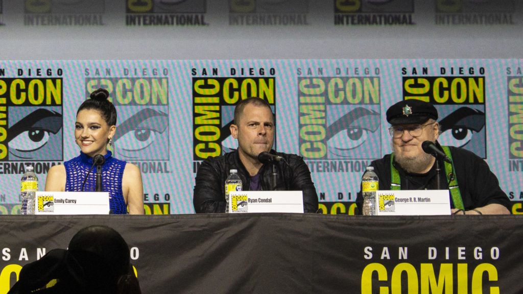 Emily Carey, Ryan Condal, and George R.R. Martin at San Diego Comic-Con 2022 (House of the Dragon panel)