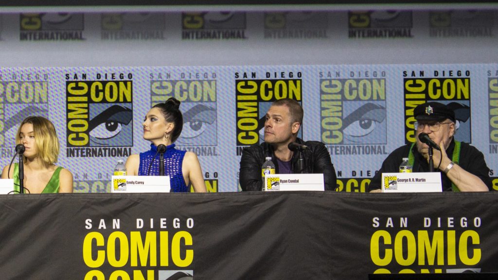 Milly Alcock, Emily Carey, Ryan Condal, and George R.R. Martin at San Diego Comic-Con 2022 (House of the Dragon panel)