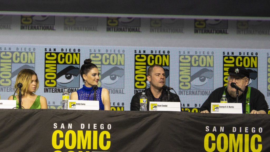 Milly Alcock, Emily Carey, Ryan Condal, and George R.R. Martin at San Diego Comic-Con 2022