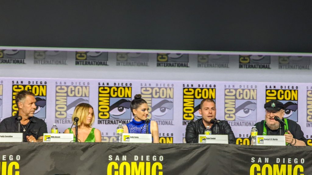 Paddy Considine, Milly Alcock, Emily Carey, Ryan Condal, and George R.R. Martin at San Diego Comic-Con 2022