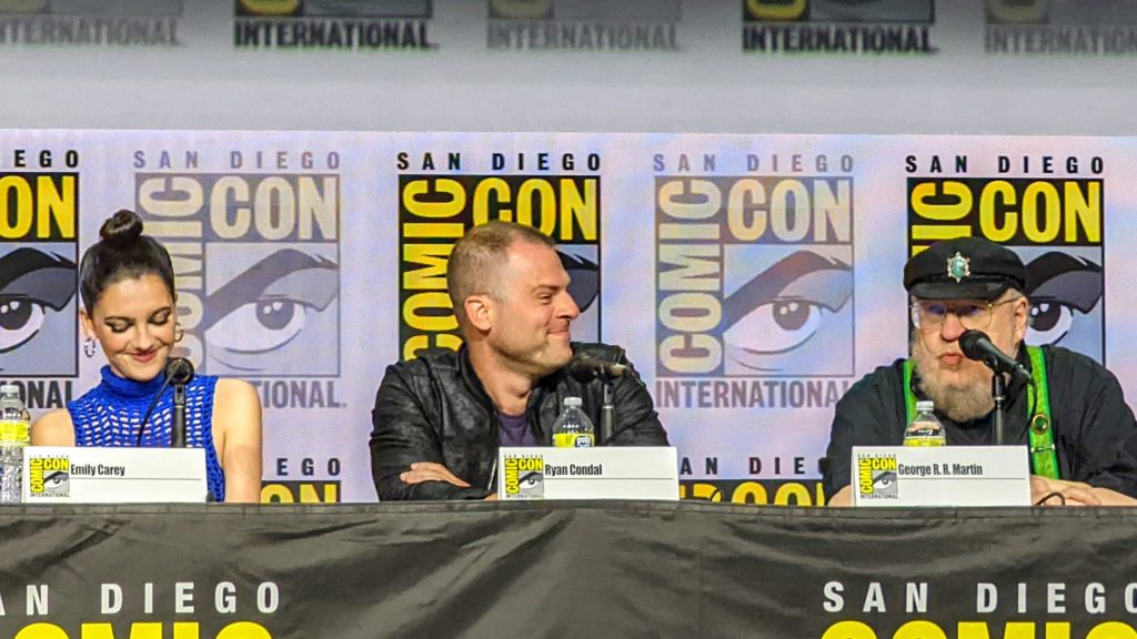 Emily Carey, Ryan Condal, and George R.R. Martin at San Diego Comic-Con 2022