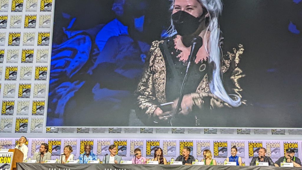 Fabien Frankel, Eve Best, Steve Toussaint, Matt Smith, Emma D'Arcy, Olivia Cooke, Paddy Considine, Milly Alcock, Emily Carey, Ryan Condal, George R.R. Martin, and a fan cosplaying Rhaenys Targaryen at San Diego Comic-Con 2022